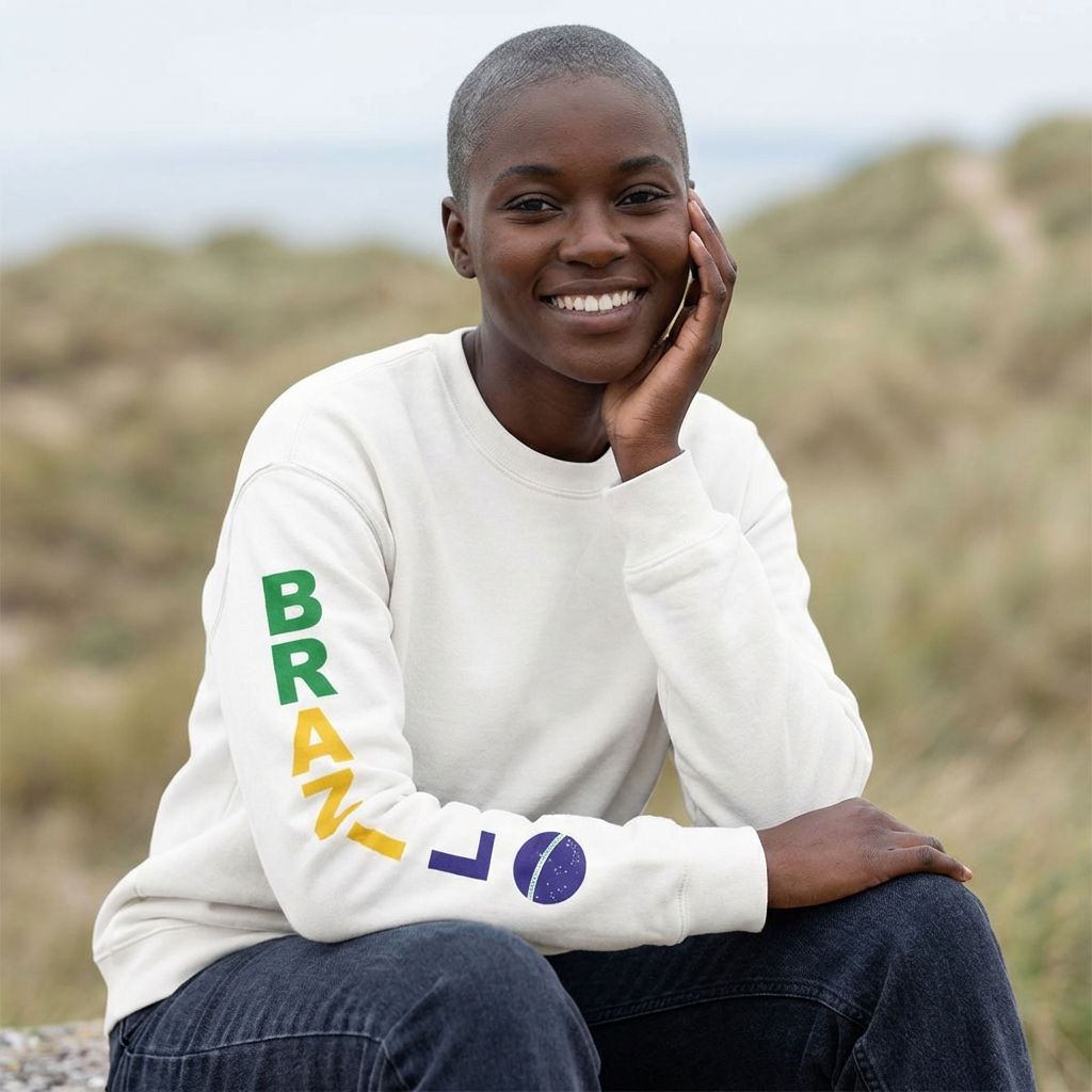 Crewneck Sweatshirt with Colorful Sleeve Lettering — Brazil Pride