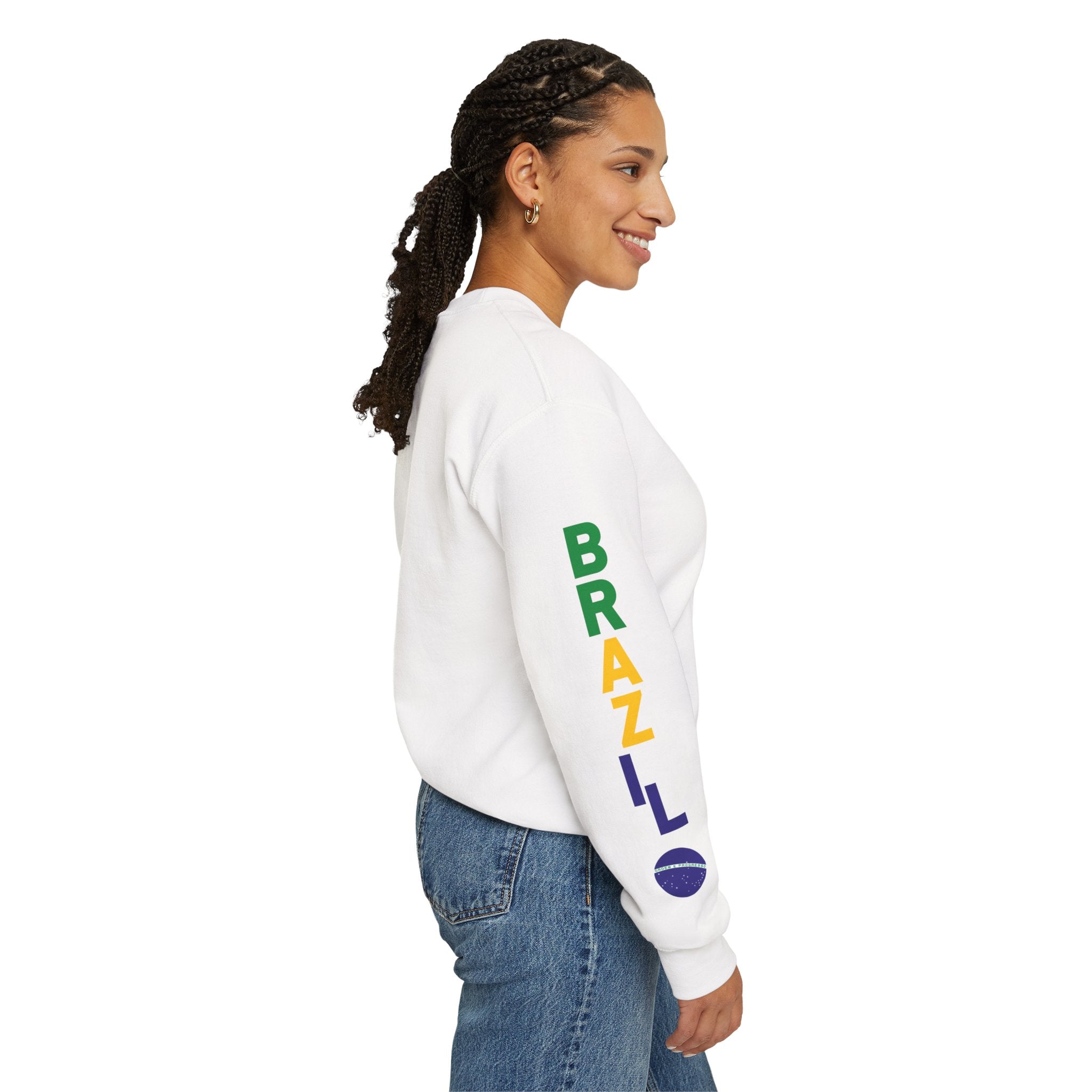 Crewneck Sweatshirt with Colorful Sleeve Lettering — Brazil Pride