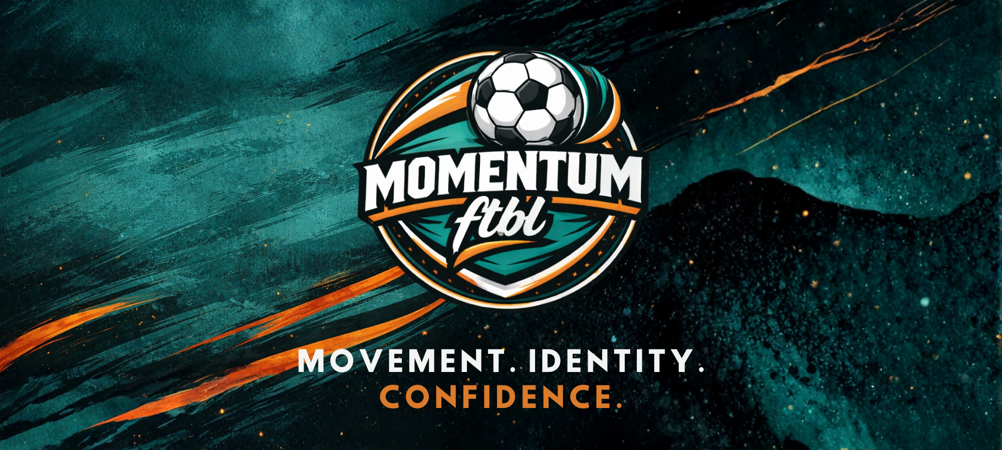 Logo of Momentum Ftbl with a soccer ball on a dark background with orange and blue accents.